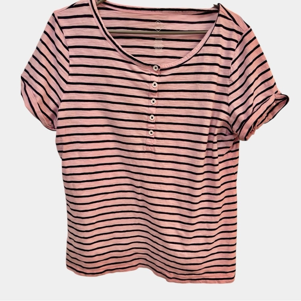 St. John’s Bay Pink Striped Women's Short Sleeve Cotton Top Size Large